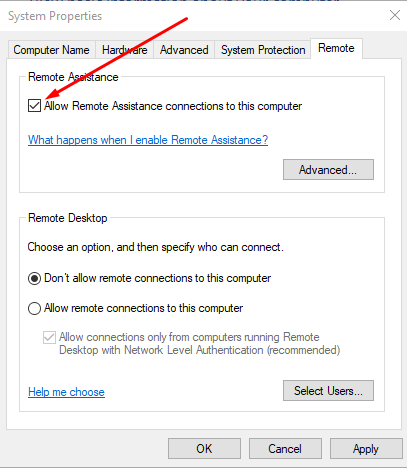 How to change System properties to allow Remote Assistance in Windows 10