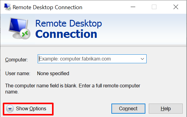 connessione desktop remoto mostra opzioni