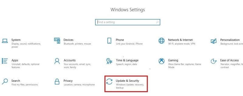 Ouvrez les paramètres de mise à jour et de sécurité de Windows