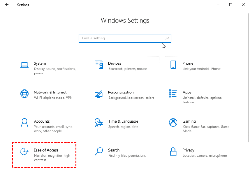 windows settings ease of access option